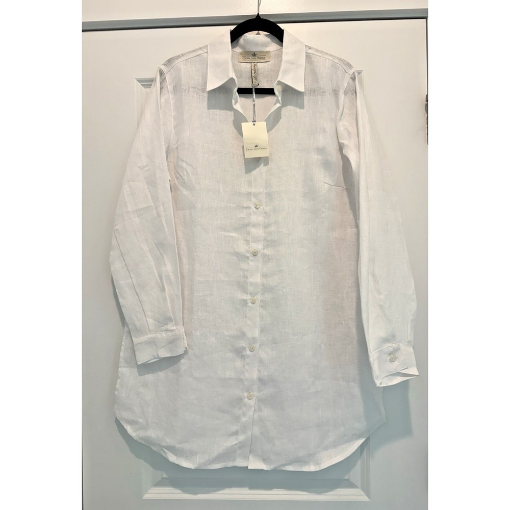 NWT Crown Linen Designs White 100% Linen Long Sleeve Tunic Sz L Button Down - Picture 2 of 11